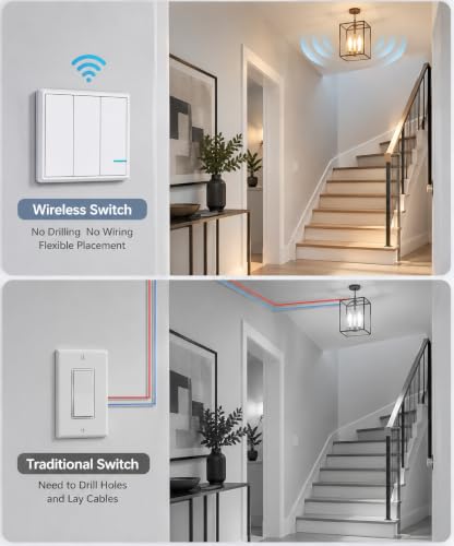 Thinkbee Wireless Lights Switch Kit, 3 Gang Wall Switch with Mini Receiver - size: 3 button switch+3 receiver