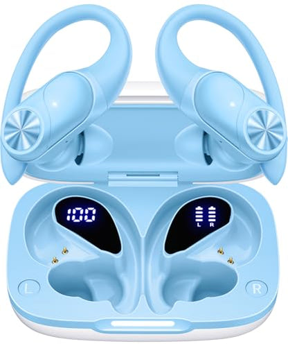 PocBuds Bluetooth Headphones Wireless Earbuds 80hrs Playtime Wireless Charging Case Digital Display Sports Ear Buds with Earhook Deep Bass IPX7 Waterproof Over-Ear Earphones for TV Phone Laptop Blue - color: Blue, style: Standard