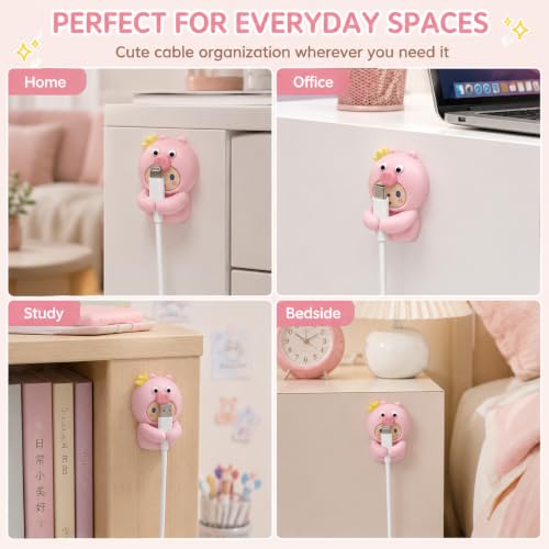 Adorable Pink Piggy with Crown Cable Organizer (2-Pack), Cute Cartoon Cable Clips, Self-Adhesive Wire Holder for Desk, Nightstand, Home & Office Cable Management - color: pink-1