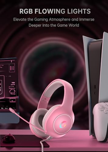syndesmos CM7002 Gaming Headset for PS5, PS4, PC, Mac, Switch, Xbox Series, Surround Sound RGB Gaming Headphones with Noise Canceling Microphone, 50MM Dynamic Drivers, 3.5MM Audio Jack, Light Pink - color: Light Pink