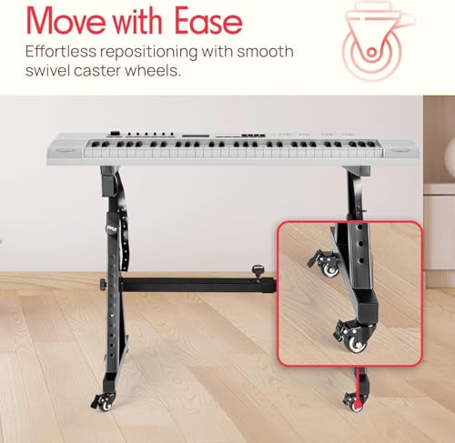 Pyle Universal Electronic Piano, Black Heavy-Duty Z Style Keyboard Stand with Locking Wheels, Adjustable Height and Width, Portable Organ Holder Rack, Collapsible Design (PKSTZ88) - style: 1 Tier w/Wheels