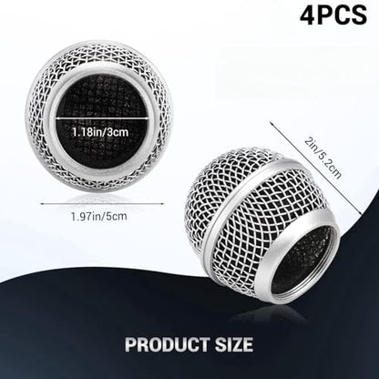 4 PCS Replacement Grilles for Shure Wired and Wireless SM58, Beta58A, SV100 Microphones, Microphone Grille Ball with Inner Foam, Steel Mesh Microphone Grille Head - Silver