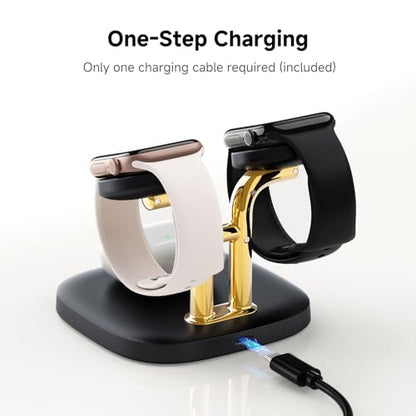 3 in 1 Dual Watch Wireless Charger Stand for Apple Watch Ultra/11 & AirPods | Dual magnetic watch charging, 5W Fast watch charge, Ergonomic design, Chrome plated plastic stand, Multi safety guard, 704A - color: Black & Gold