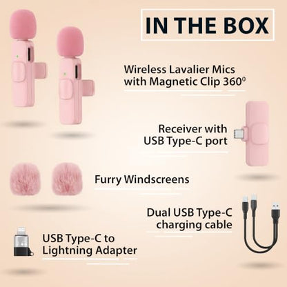 PowerDeWise Wireless Lavalier Microphone for iPhone & Android, 2 Pack Pink Mini Mic, USB-C/Lightning Clip-On Microphone, AI Noise Cancellation, 70FT Range for TikTok YouTube Podcast Vlog - style: Wireless Set Pink