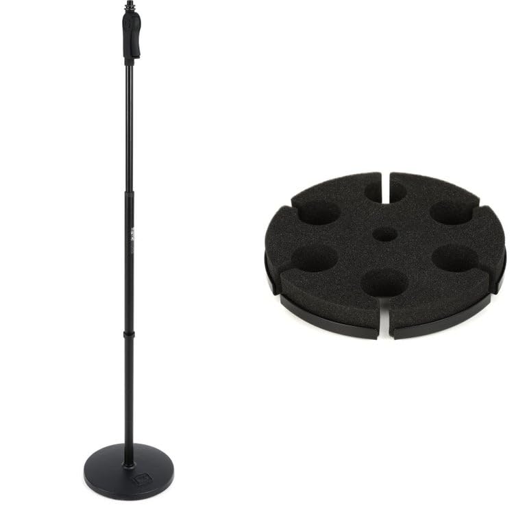 Gator Frameworks Round Base Mic Stand with 6-mic Microphone Holder | Includes Adjustable Microphone Stand, Multi Mic Holder | Fits 6 Wired or Wireless Mics | Black