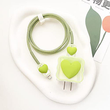 ZOSTLAND 5 in 1 DIY 18W 20W Heart Shape Protector Data Cable USB Charger Line Earphone Wire Saver Organizer Compatible with iPhone 11 12 13 14 15 Pro Max - color: Love Green