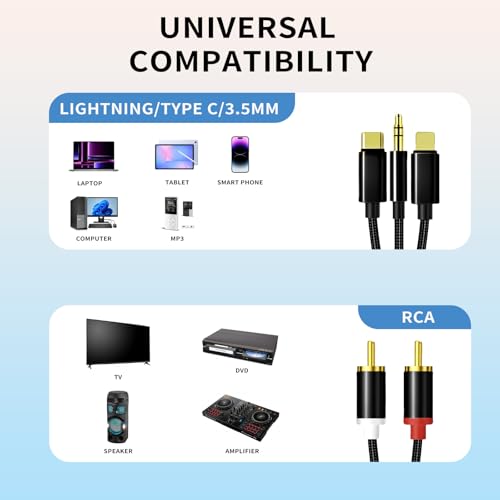 Lightning to RCA Cable Audio Aux Adapter,RCA to 3.5mm Cable，USB C to 2 RCA Audio Cable， (3 in 1 Audio Cable) for Power Amplifier, Car, Home Theater, Speaker and More(Lightning Compatible)(Black/1.3M)