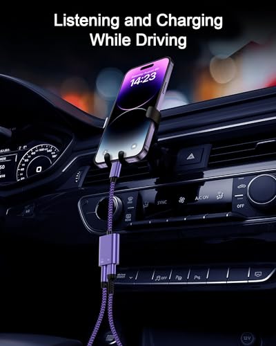 2-in-1 Lightning to 3.5mm Audio Adapter with Charging, Headphone Splitter | MFi Certified iPhone Aux Adapter Female Converter for Apple 14 Plus 13 12 11 Pro Max XR XS iPad mini iPod, Car & Home Stereo - color: Purple