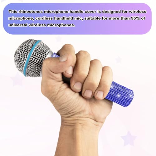 MECCANIXITY Blue Mic Handle Cover, Rhinestones Microphone Handle for Most Universal Wireless Microphones, Mic Not Included(with Black Velvet Bag) - color: Blue Black