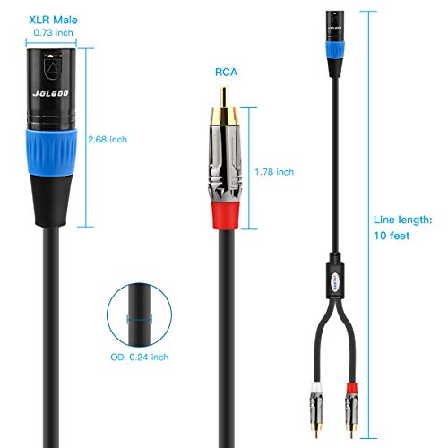 JOLGOO 언밸런스 듀얼 RCA to XLR 수 Y 스플리터 패치 마이크 케이블, XLR 수 1개 - 2 RCA 수 Y 어댑터 코드 케이블, 3m(10피트) - size: 10 Feet, style: 듀얼 RCA 수 - XLR 수