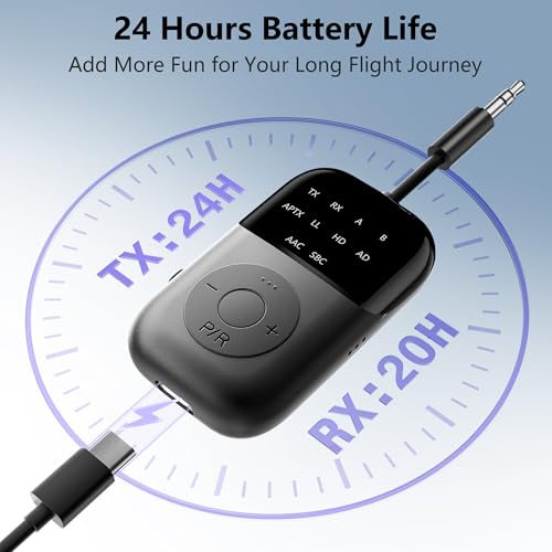 Bluetooth 5.4 Transmitter Receiver,2-in-1 Airplane Bluetooth Adapter | Dual Headphones & 24H Battery Life for TV, Airplane, Car, Tablets, Wireless TV Headpset, Compatible with AirPods & aptX