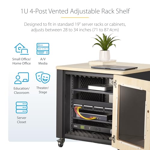 StarTech 1U 4-Post Vented Rack Shelf, 28-34.4in, 150lb (ADJSHELFV-Rack) | Adjustable depth 71.1-87.3cm, 150lb/68kg capacity, Cold-rolled steel, M5 hardware - size: 28-34.4in