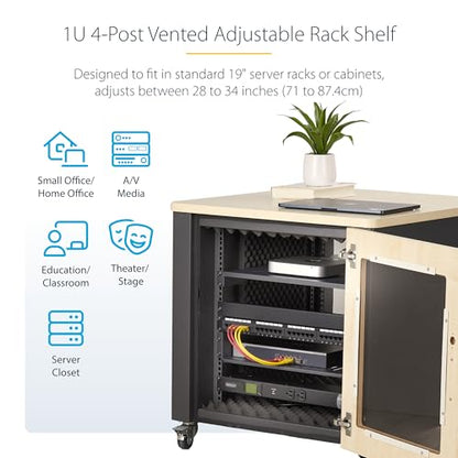 StarTech 1U 4-Post Vented Rack Shelf, 28-34.4in, 150lb (ADJSHELFV-Rack) | Adjustable depth 71.1-87.3cm, 150lb/68kg capacity, Cold-rolled steel, M5 hardware - size: 28-34.4in
