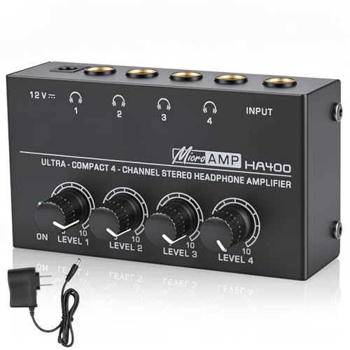 4 Channel Headphone Amplifier, Mini Metal Stereo Audio Amp with 1/4" TRS Input & 4 TRS Outputs, 12V Power Adapter, Portable Headphone Splitter Amplifier for PC, Guitar, Studio, Stage