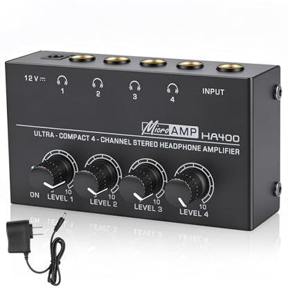 4 Channel Headphone Amplifier, Mini Metal Stereo Audio Amp with 1/4" TRS Input & 4 TRS Outputs, 12V Power Adapter, Portable Headphone Splitter Amplifier for PC, Guitar, Studio, Stage