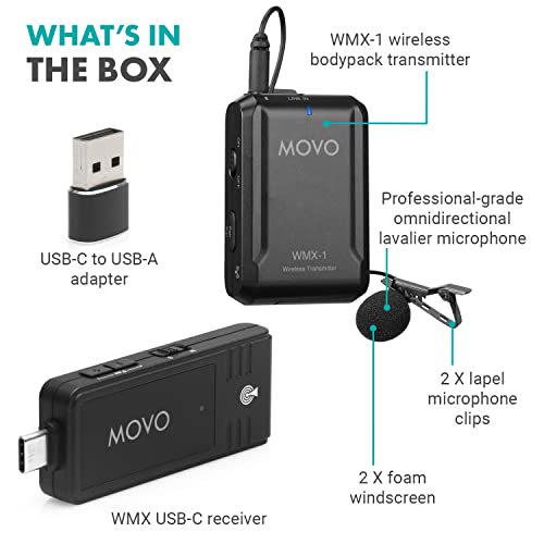 Movo WMX-1-UL USB-C Wireless Lavalier Microphone- USB Wireless Lapel Microphone for Computer, Smartphones, and Tablets- Wireless USB & USB-C Receiver, Transmitter, and Omnidirectional Lav Microphone - style: 1 Transmitter