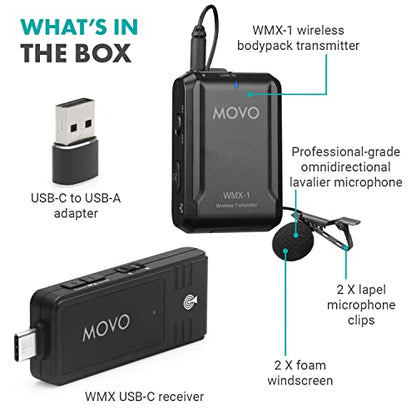 Movo WMX-1-UL USB-C Wireless Lavalier Microphone- USB Wireless Lapel Microphone for Computer, Smartphones, and Tablets- Wireless USB & USB-C Receiver, Transmitter, and Omnidirectional Lav Microphone - style: 1 Transmitter