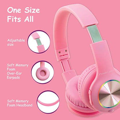 PowerLocus PLED Kids Bluetooth Headphones, Kids Wireless Headphones with LED Lights, 74/85/94dB Safe Volume, Micro SD, AUX Cable, Hi-Fi Stereo, Built-in Mic Over Ear Kid Headphone for Travel/Tablet/PC - color: Pink