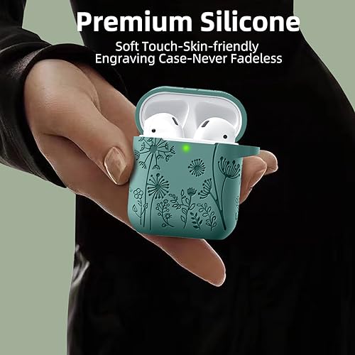 Lerobo for AirPod Case 2nd/1st Generation with Keychain for Women Girl | Flower Engraved Silicone Protective Cover for AirPods 2 Case, Wireless Charging, Shockproof, One-piece Design, Pine Green - color: Pine Green