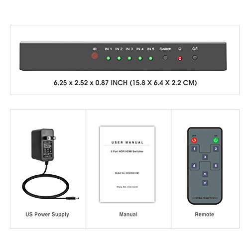 ROOFULL 5 Port 4K HDMI 2.0 Switch with Remote | 5 In 1 Out 4K@60Hz HDMI 2.0 Switcher Selector, Automatic Switching, Dolby Vision/Atmos, HDR 10, HDCP 2.2, 18Gbps - color: Black
