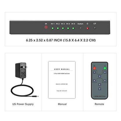 ROOFULL 5 Port 4K HDMI 2.0 Switch with Remote | 5 In 1 Out 4K@60Hz HDMI 2.0 Switcher Selector, Automatic Switching, Dolby Vision/Atmos, HDR 10, HDCP 2.2, 18Gbps - color: Black