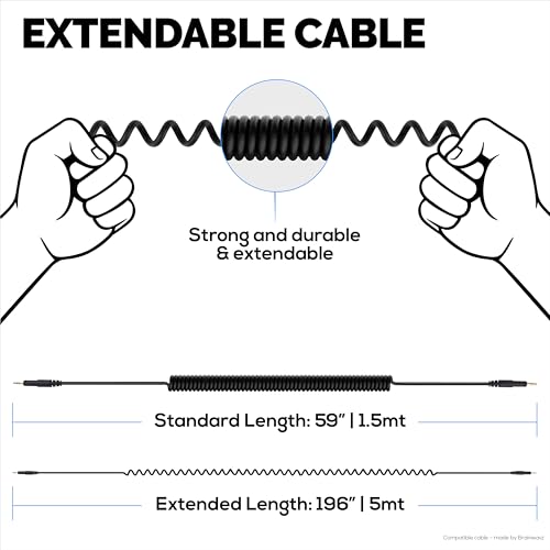 BRAINWAVZ Coiled Replacement Audio Cable Compatible with Sony WH-1000XM5, 1000XM4, 1000XM3, 1000XM2, XB910N, CH700N, CH710N, MDR-XB950BT, XB950N1, 1000X 3.5mm Gold Plated, 1.5m/60” to 5mt/196