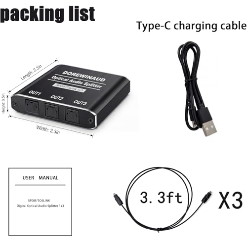 Optical Audio Splitter 1 in 3 Out with 3PCS Optical Audio Cable | Aluminum Shell Digital Toslink Audio Splitter 1x3 Supports Dolby Digital & DTS 5.1 for PS5 Xbox Blue-Ray DVD HDTV TV Box