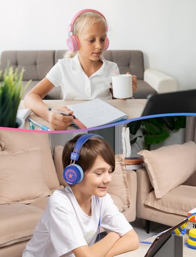 New Bee 2 Pack Kids Headphones with Microphone, 85dB/94dB Safe Volume Limited Childrens Headset, Foldable Wired Toddler Headphones Over Ear for School Travel Mac/Android/Kindle/Tablet/Pad Blue Pink - color: Blue Pink-2 Pack, size: wired