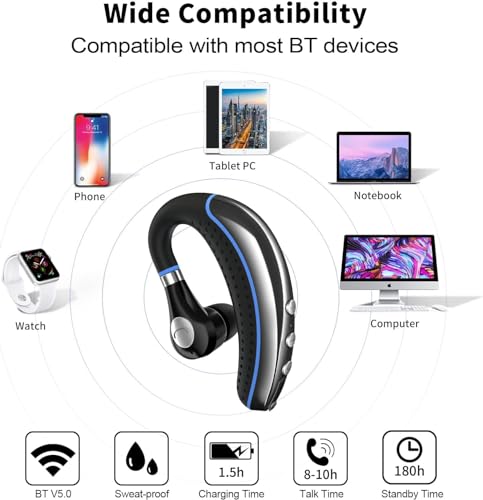 Bluetooth Headset V5.0 Wireless Bluetooth Earpiece with Noise Canceling Mic for Cell Phone Ultralight Business Earphone for Driving/Trucker/Office Earbus for Android/iPhone/Smartphone-Blue - color: Blue