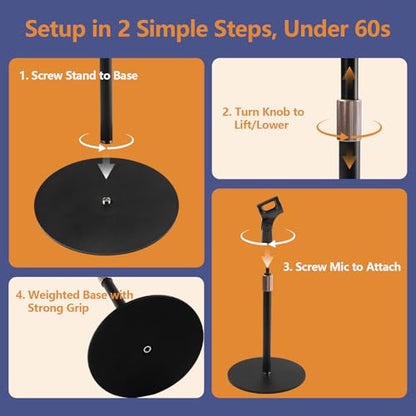 Desktop Microphone Stand for Podcast Recording | 9-16.5“ Height Adjustable Mic Stand for Desk with 1.3 lb Weighted Base, Universal 3/8” to 5/8" Adapter and 2 Clips - size: Mic Stand Desktop