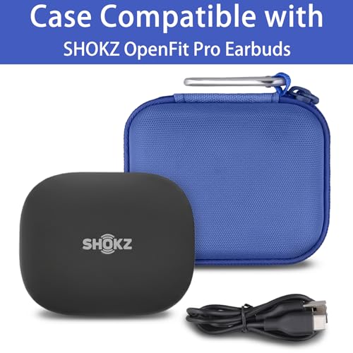 co2CREA SHOKZ 오픈핏 프로 오픈 이어 이어버드용 하드 케이스, 블루 | 메시 액세서리 포켓, 충전 케이블 보관, 경량 디자인, 카라비너 클립 - color: 블루 케이스, style: OpenFit Pro용