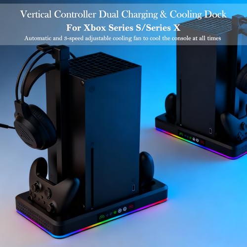Cooling Fan & Charging Stand for Xbox Series X/S Console & Controller,Vertical Cooler System Dual Charger Station Dock Accessories for Xbox Series S/X with RGB Lights，Independent Headset Stand