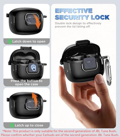 WADVCU[Upgrade Secure Lock] for JBL Tune Buds 2 Case Cover with Cleaner kit, Protective TPU Transparent Hard Shell ONLY Compatible with JBL Tune Buds 2nd Gen Earbuds Charging Case with Keychain(Black) - color: Black