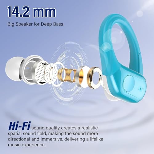 Qecnato Wireless Earbuds Bluetooth 5.4 Headphones 75H Stereo Deep Bass Sports Over Ear Buds with Earhooks, LED Display Bluetooth Earbuds with 4 ENC Mic, IP7 Waterproof Earphone for Running, Blue