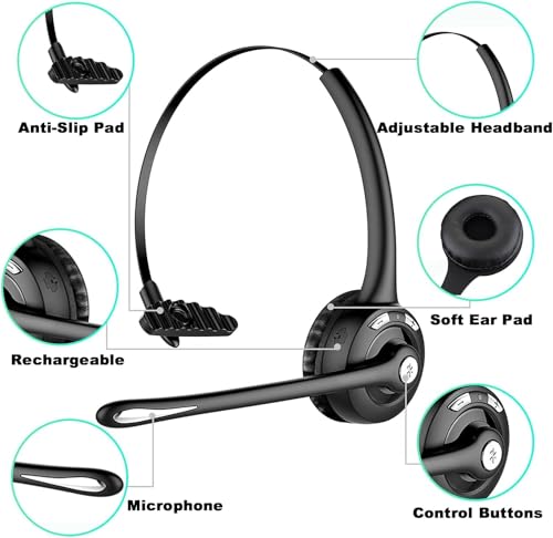 Trucker Bluetooth Headset with Microphone, Wireless Headphone with Microphone, Wireless Cell Phone Headset On Ear Design for Home Office Call Center Skype