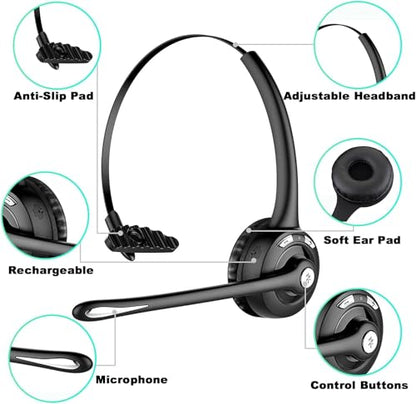 Trucker Bluetooth Headset with Microphone, Wireless Headphone with Microphone, Wireless Cell Phone Headset On Ear Design for Home Office Call Center Skype