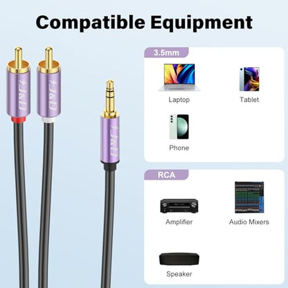 J&D 3.5mm Male to 2 RCA Phono Male Stereo Audio Cable, Aluminum Alloy Shell Gold-Plated RCA Audio Adapter Aux Cable, Purple, 3 Feet - color: Purple, size: 3 Feet
