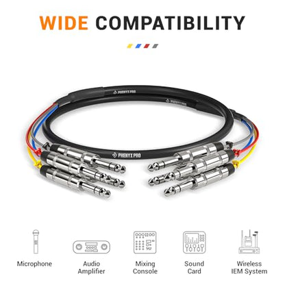 Phenyx Pro 4-Channel 1/4-Inch TRS Patch Cable 3 ft PCBL-QR4IN1-3 | 4-in-1 Color-Coded Audio Cable, 24 AWG OFC Copper, Balanced TRS to TRS, Guitar, Bass, Amp - size: 3 Feet