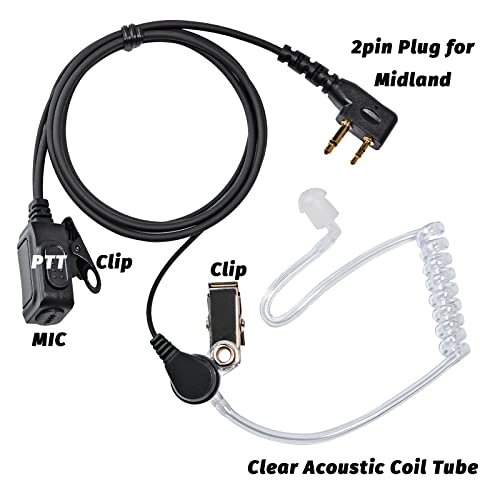 Walkie Talkie Earpiece for Midland Walkie Talkies GXT1000VP4 LXT500VP3 GXT1050VP4 GXT1000XB, Two Way Radio Surveillance Earpiece Headset Ear Piece with Mic and Clear Acoustic Coil Tube, Pack of 2