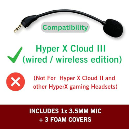 Hyperx Cloud 3 Mic Replacement, Wired/Wireless Gaming Headphone – Noise Cancelling Boom Microphone Gaming Consoles, PC, 3.5mm Jack (Not for Hyper X Cloud II and Other HyperX Headsets) - style: Mic Cloud III for HyperX Wired/Wireless