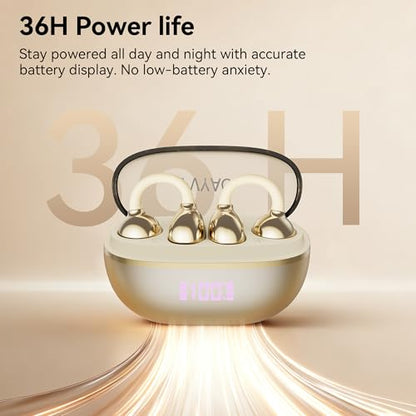 Open Ear Clip on Earbuds Bluetooth Headphones Wireless Ear Buds | Bluetooth 5.4 LED Digital Display IPX5 Waterproof HiFi Stereo 36H Playtime Comfortable Lightweight - color: Gold