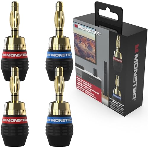 Monster XP QuickLock Banana Plugs for Speaker Wire, Self-Crimping Speaker Wire Connectors, 24K Gold-Plated Audio Connector Plugs, Color-Coded, 2 Pair (4 Plugs)