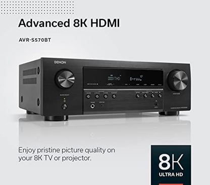 Denon AVR-S570BT 5.2 Channel AV Receiver - 8K Ultra HD Audio & Video | Enhanced Gaming Experience, Wireless Streaming via Built-In Bluetooth, (4) 8K HDMI Inputs, Supports eARC, HD Setup Assistant - style: AVR-S570BT