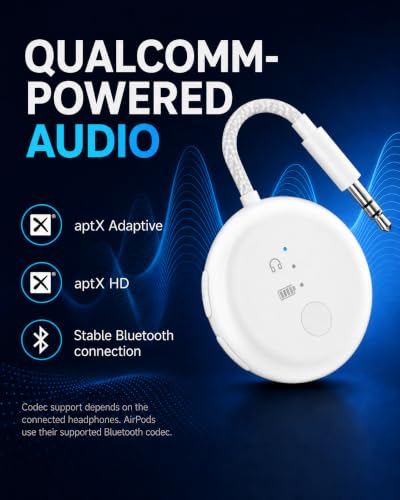 Avantree SoundJet R1-25Hr Airplane Bluetooth Adapter for All AirPods | Qualcomm Chip & aptX Adaptive, Wireless Audio Transmitter for Flight Travel, Works with Bose & Other Headphones - color: 1. White