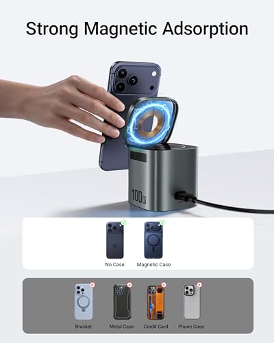 ACEFAST 6-in-1 100W GaN Fast Charging Station for iPhone 17 16 Series,with USB C Retractable Cable,Qi2 25W Magnetic Wireless Charger Desktop Stand for iWatch/for Samsung Galaxy Watch/Airpods