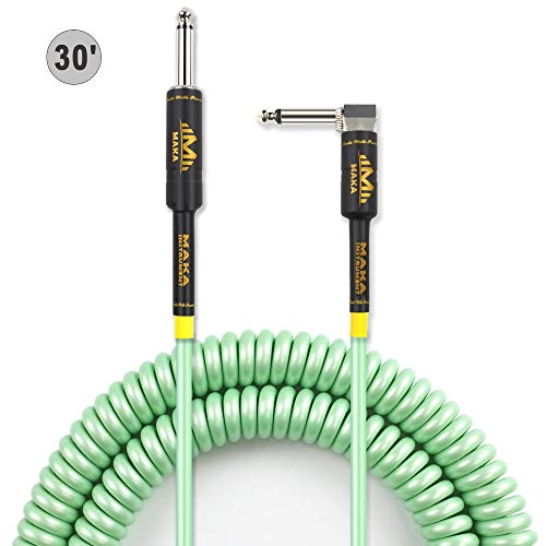 Premium Guitar Coil Cable 30 Feet, Instrument Coiled Curly Cord for Guitar Bass, 1/4 inch Right Angle to Straight, Surf Green - size: 30' (Surf Green)
