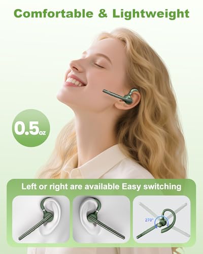 Bluetooth Headset,72H Work Single-Ear Wireless Earpiece for Cell Phone Call | 2 Charging Ways & 500mAh Charging Case,Dual Mic ENC Noise Cancel, Mute Button,V5.1 Hands-Free for Phone and Laptop - color: Solid army green, style: M54