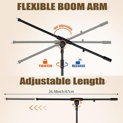 Tellegloww 4 Pcs Microphone Stand Tripod Boom Arm Floor Podium Studio Mic Stand Adjustable Height 75 Inches, Extends Arm to 27 Inches Comes with 3/8 Inch and 5/8 Inch Mount Adapters for Singing