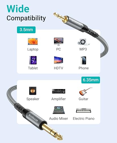 BlueRigger 3.5mm to 6.35mm Audio Cable (10FT, Bi-Directional, 3.5mm 1/8" Male TRS to 6.35mm 1/4" Male TRS, Braided Stereo Audio Cable for Cellphone, Amplifiers, Guitar, Speaker - size: 10FT