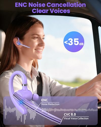 New Bee Bluetooth Headset V5.1 72H Talk Dual Mic with Mute Button for Business, Wireless Hand-Free Bluetooth Earpiece with 500mAh Charging Case for Cell Phone Calls Trucker Driver - color: Purple, style: M54